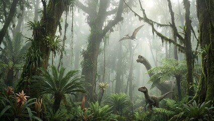Naklejka premium Dinosaurs including a brachiosaurus, a raptor, and a pterosaur inhabiting a dense, misty prehistoric jungle with lush green plants, ancient trees, and creeping vines