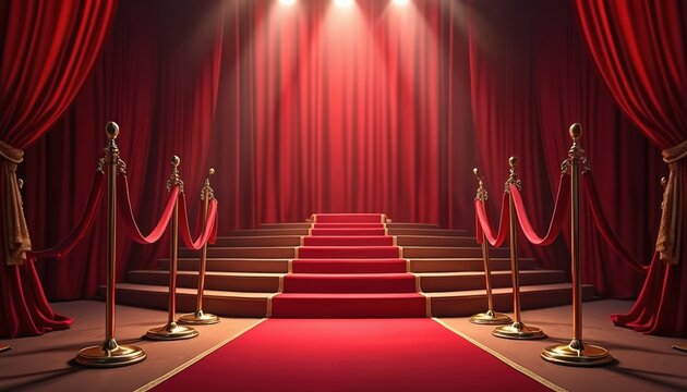 Empty red carpet with velvet ropes and golden stanchions leads up grand stairs under spotlights. Luxurious velvet curtains form backdrop for awards ceremony event. Elegant stage awaits VIP guests.