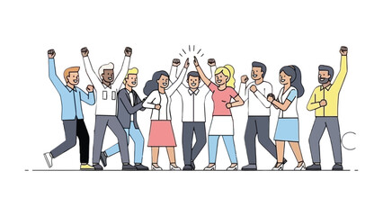 Obraz premium Team Celebration: A diverse team joyfully celebrates a shared victory, their raised arms expressing elation and teamwork in a vibrant and engaging illustration.