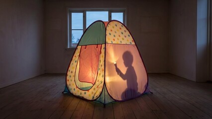 Young child creating a shadow with a flashlight on the wall of a colorful play tent, enjoying imaginative playtime indoors in a room with a wooden floor