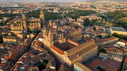 An Aerial panorama view above the old town in the city Salamanca in west of Spain on an  early sunny summer morning
