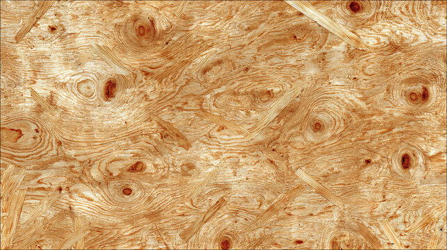 Close-up shot of oriented strand board (OSB), a sustainable building material, showcasing its textured surface and organic patterns