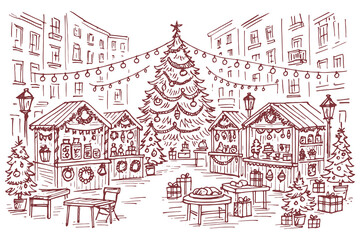 Christmas market town square sketch vector illustration © Victoria