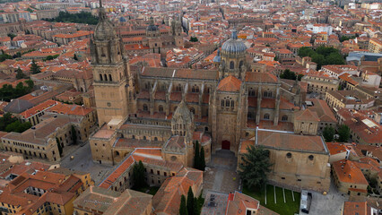 An Aerial panorama view above the old town in the city Salamanca in west of Spain on an  early sunny summer morning