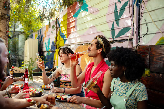 Young adults laughing and toasting at backyard garden party
