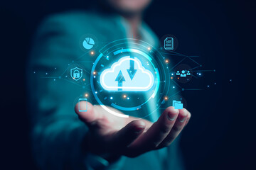 Cloud sync technology concept with glowing upload and download icons floating above a hand, representing secure data transfer, online storage, digital workflow, modern cloud-based business solutions.