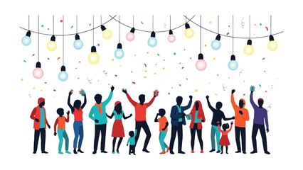 Celebration of Light: A vibrant illustration depicts a lively gathering of figures, illuminated by a string of festive lights, celebrating a joyous occasion.