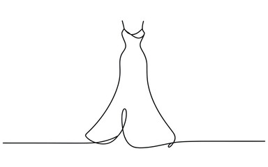 A minimalist and elegant continuous line art drawing of a flowing wedding gown silhouette