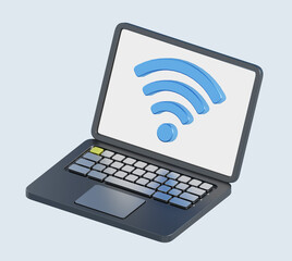 3d rendering of laptop with wi-fi symbol. stylized simple 3d icon. 3d illustration for internet and web concept