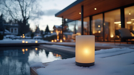 A serene winter scene featuring a softly glowing candle by a frost-covered pool, creating a warm ambiance against the cold backdrop of snow and winter trees.