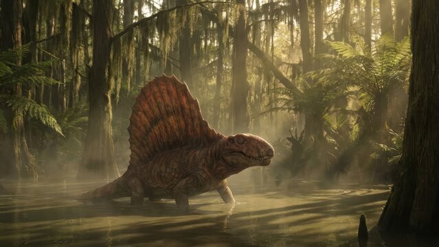 Dimetrodon, a prehistoric reptile, standing in misty, warm water of a primeval swamp forest, with sunlight filtering through ancient trees and lush fern vegetation