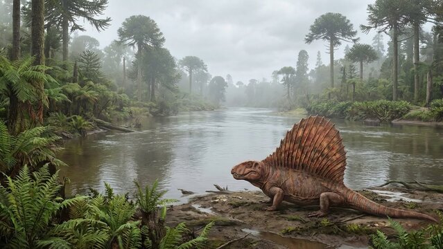 Dimetrodon drinking at a muddy permian riverbank in a lush jungle, misty primeval landscape showing detailed synapsid anatomy, flora and prehistoric ecosystem
