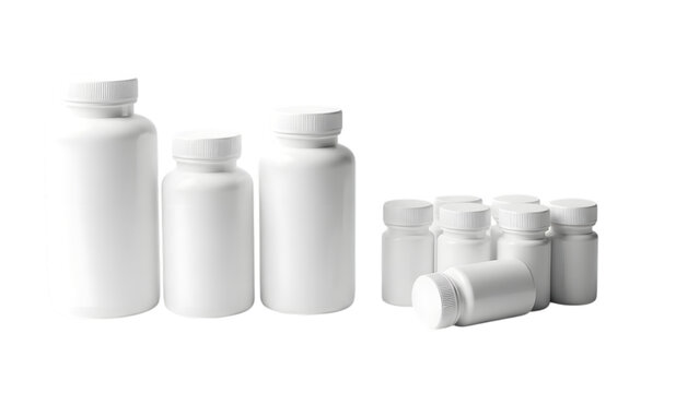 Assorted blank white plastic pharmaceutical supplement bottles