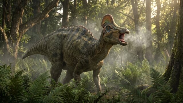 Corythosaurus stride through a rainy primeval forest, wet skin gleaming as this majestic jurassic herbivore navigates ancient foliage in a dramatic prehistoric scene