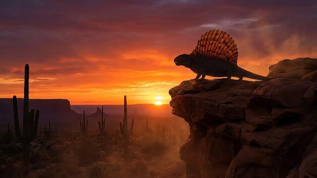 Dimetrodon silhouetted against a vibrant orange desert sunset, standing on a rocky cliff overlooking a landscape filled with saguaro cacti and distant mesas, depicting prehistoric life