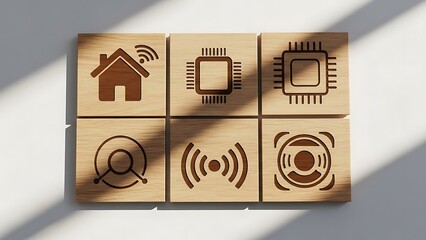 Six engraved wooden tiles displaying essential icons for smart home automation technology security and wireless connectivity concepts are mounted together