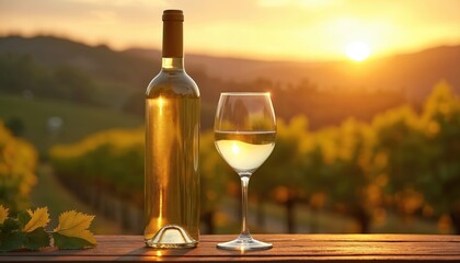 Obraz premium Bottle of white wine and full glass sit on wooden table during golden hour sunset. Vineyard landscape with rolling hills and green vines stretches into the background.