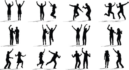 Silhouettes of joyful diverse young people and happy couples dancing, jumping, and cheering together in a celebratory, lively, and energetic party crowd against a white background.