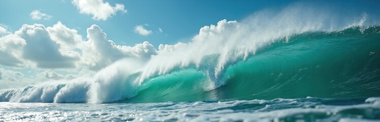 Huge ocean wave curls with aqua water and white foam. Blue sky with clouds above water surface. Powerful sea during daylight hours. Coastal nature.