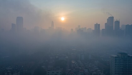 Fototapeta premium Urban Landscape Scene with Sunrise and Fog Over City Skyline