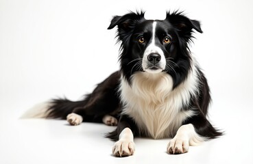 Black and white border collie rests on white backdrop. Intelligent dog with alert eyes poses calmly. Breed known for agility and herding skills, active companion for outdoors.
