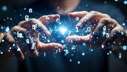 Hands manipulating glowing digital data streams and abstract network connections representing complex futuristic technology and big data concepts in a dark setting
