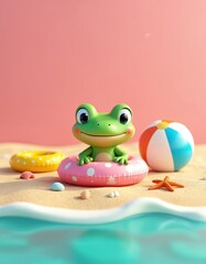 Cute green cartoon frog smiles in pink swim ring. Rests on sunny sandy beach near gentle blue ocean wave. Yellow pool float, colorful beach ball, starfish, seashells scattered around. Bright pink