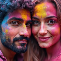 Obraz premium Couple smiles covered in vibrant colors. Man and woman celebrate Holi festival with joy. Cultural event shows happiness, tradition, and playful energy.