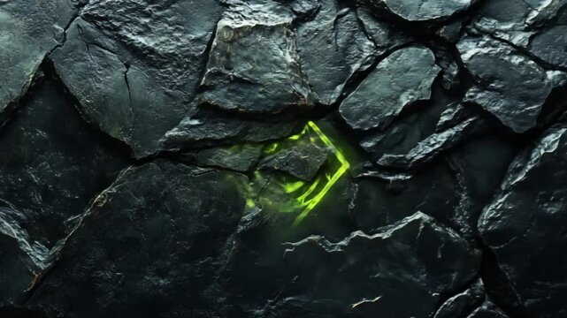 Textured dark stone wall with deep cracks; a mystical green light glows from a fissure