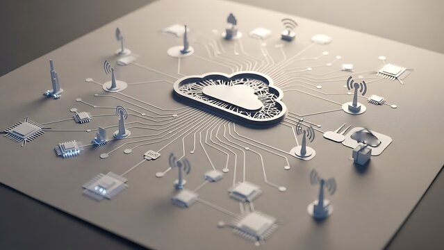 Abstract representation of cloud computing infrastructure connecting various wireless devices and microchips across a stylized digital circuit board surface