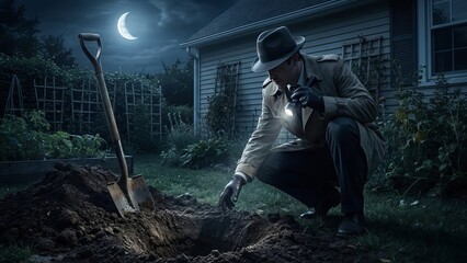 Detective in a trench coat and fedora inspecting a fresh grave with a flashlight next to a shovel, investigating a rural crime scene under a full moon at night