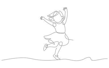 A minimalist single continuous line drawing of a joyful young child celebrating life