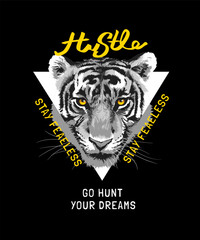 hustle slogan with black and white tiger face on triangle frame vector illustration