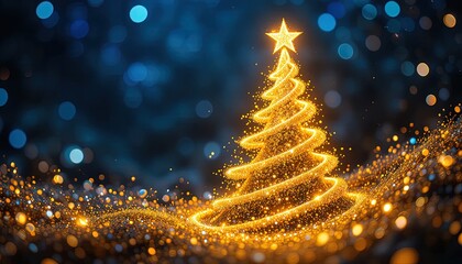 Shimmering golden Christmas tree radiates festive cheer with a star, perfect for holiday promotions, seasonal cards, and joyful winter designs now