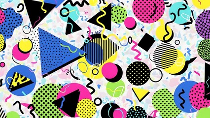 Abstract bright geometric 90s background pattern with colorful shapes circles triangles and squiggles lively artistic fun graphic design wallpaper or fabric print style