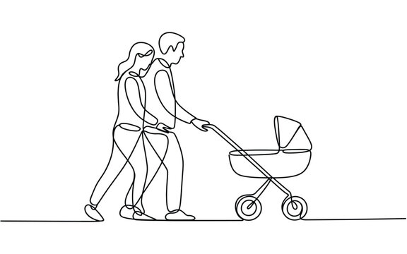 Continuous line drawing of a new couple taking their baby for a walk in a stroller