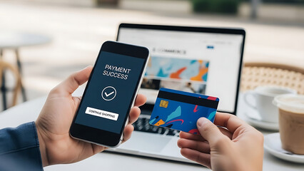 Successful Online Payment Transaction, Mobile Device, Cafe Setting, Digital Experience, Casual Environment, Close-Up View, E-Commerce Concept