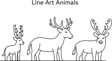 Animals outline set vector illustration. Line Art hand drawn woodland simple collection Outlined Animals Majestic Lion Elephant Giraffe deer cow etc.