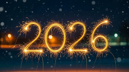 Sparkling 2026 new year celebration with falling snow and bokeh lights