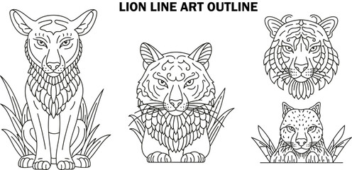 Animals outline set vector illustration. Line Art hand drawn woodland simple collection Outlined Animals Majestic Lion Elephant Giraffe deer cow etc.