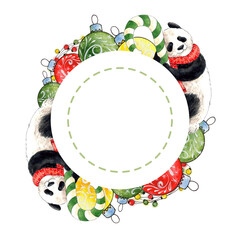 Christmas round frame with decorations, watercolor illustration. Place for your text. New Year's design, Christmas tree balls, garland, candy canes, and a panda.