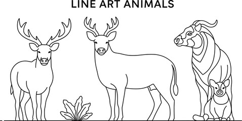Animals outline set vector illustration. Line Art hand drawn woodland simple collection Outlined Animals Majestic Lion Elephant Giraffe deer cow etc.