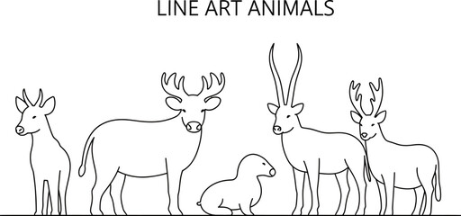 Animals outline set vector illustration. Line Art hand drawn woodland simple collection Outlined Animals Majestic Lion Elephant Giraffe deer cow etc.