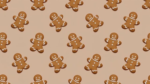 Festive Seamless Pattern of Adorable Gingerbread Man Cookies on a Warm Beige Background, Perfect for Holiday Designs