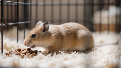 Adorable hamster enjoying a meal in its cozy cage.