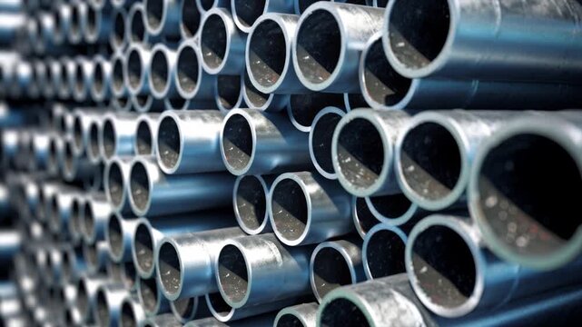 Galvanized steel pipes are in stacks in the warehouse. These industrial construction materials include aluminum alloy pipes and chrome-plated stainless steel