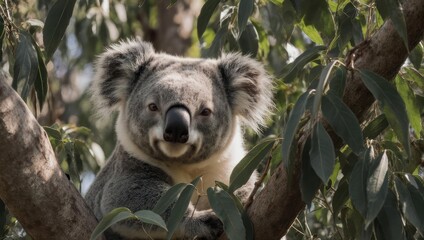 Adorable Koala Bear Resting Peacefully in Eucalyptus Tree.