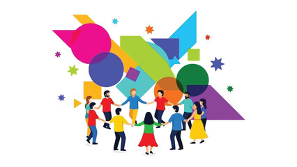 Community Circle: A vibrant illustration depicts individuals forming a supportive circle, symbolizing unity and collaboration against a backdrop of dynamic, colorful shapes. 