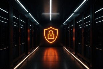 Data Fortress: Futuristic scene emphasizing data security with neon shield and lock symbol in a server room. Conveying the idea of safe and secure data storage and protection.