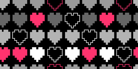 Seamless Pixel Heart Pattern with on black background for Valentines Day designs, gamer themed graphics, packaging, digital backgrounds, apparel, and wrapping paper.Vector illustration